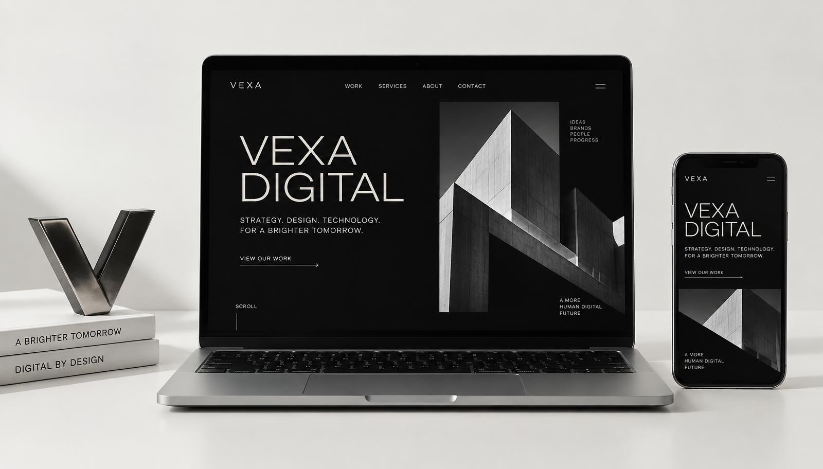 Vexa Digital – designkoncept vist på en sølvfarvet computer og mobil